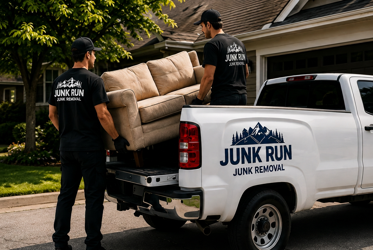 Junk Run crew loading a couch into a pickup truck